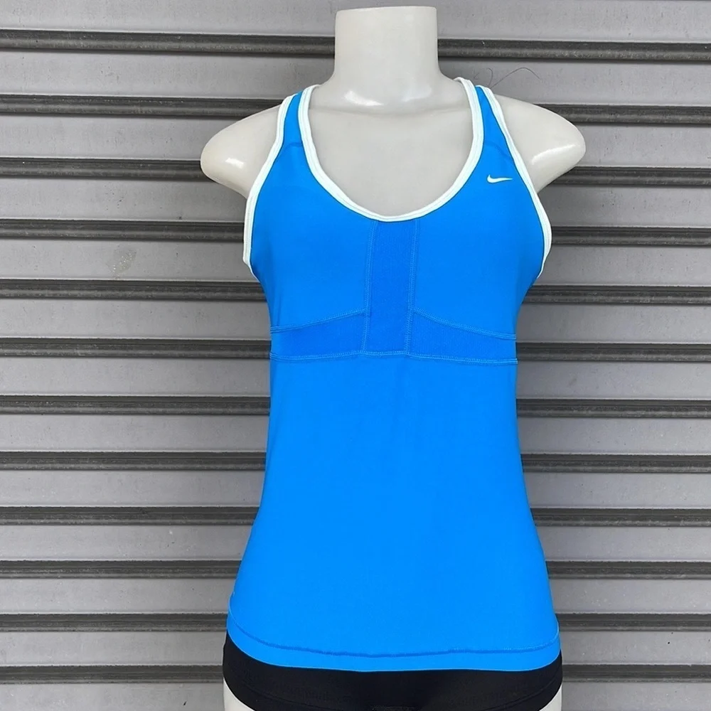 Nike Dri-FIT Blue White Trim Built In Shelf Bra Racerback Tank Top Size M